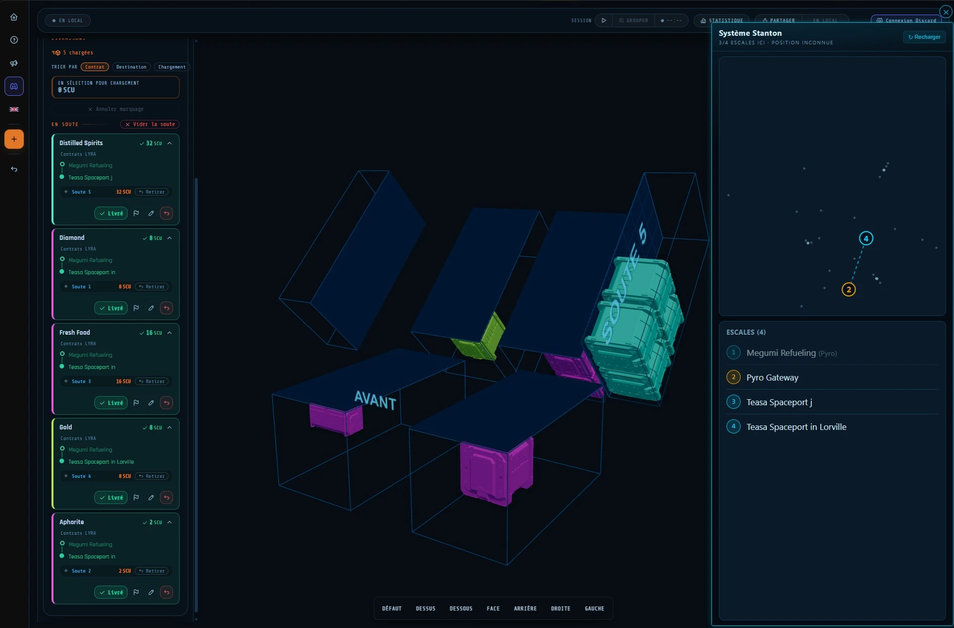 Cargo Manager avec cinq contrats de hauling chargés : liste des contrats à gauche, soute en 3D au centre, carte de route LYRA à droite avec les escales