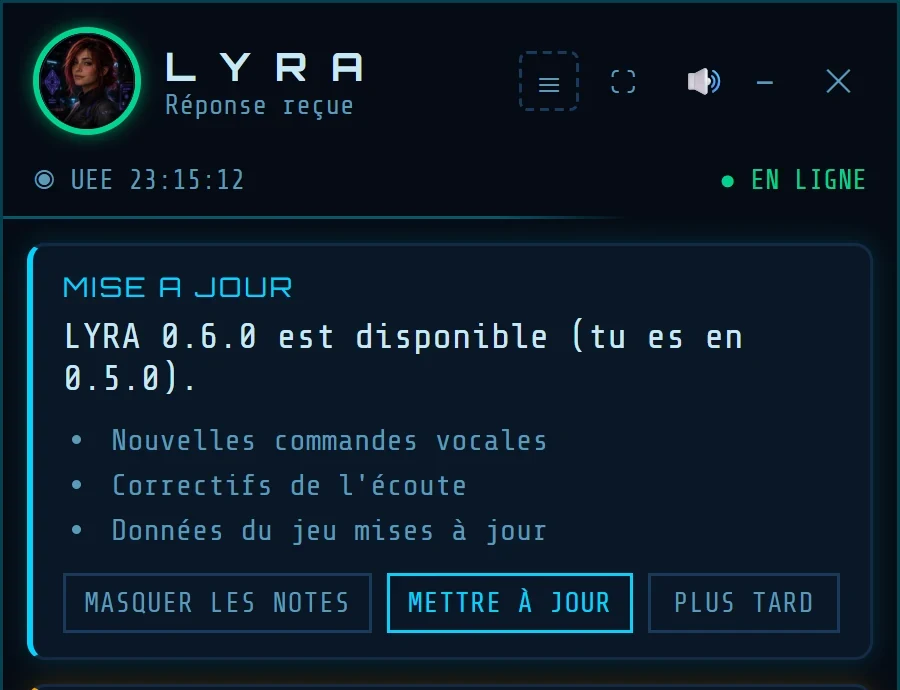 Overlay compact avec l'encadré Mise à jour : LYRA 0.6.0 est disponible, notes de version, boutons Masquer les notes, Mettre à jour et Plus tard