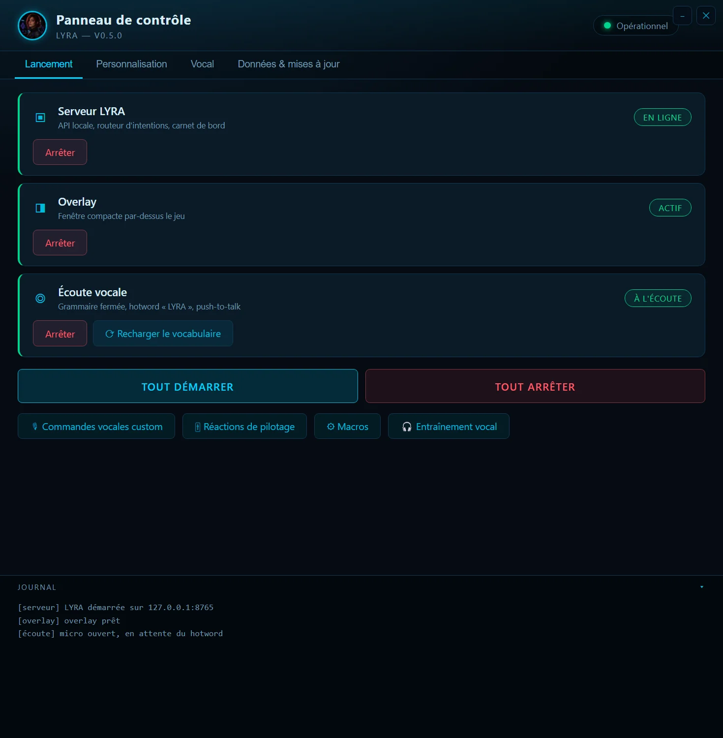 Onglet Lancement : trois cartes (serveur, overlay, écoute vocale), Tout démarrer, Tout arrêter et le journal