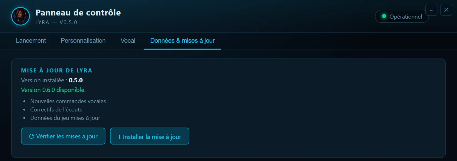 Panneau de contrôle, onglet Données et mises à jour : version installée 0.5.0, version 0.6.0 disponible avec ses notes, boutons Vérifier et Installer