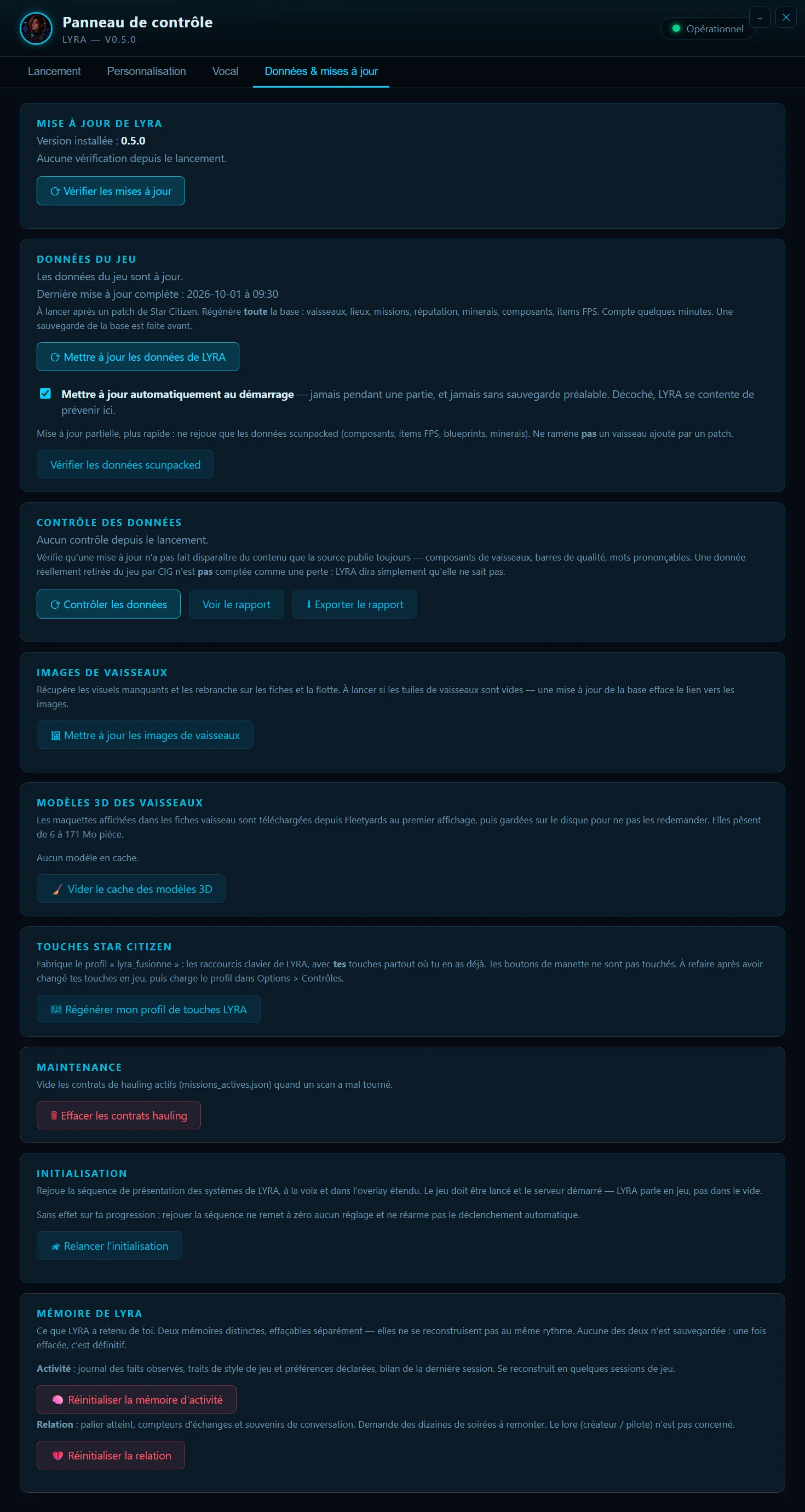 Onglet Données et mises à jour : mise à jour, données du jeu, images, touches, maintenance, initialisation, mémoire