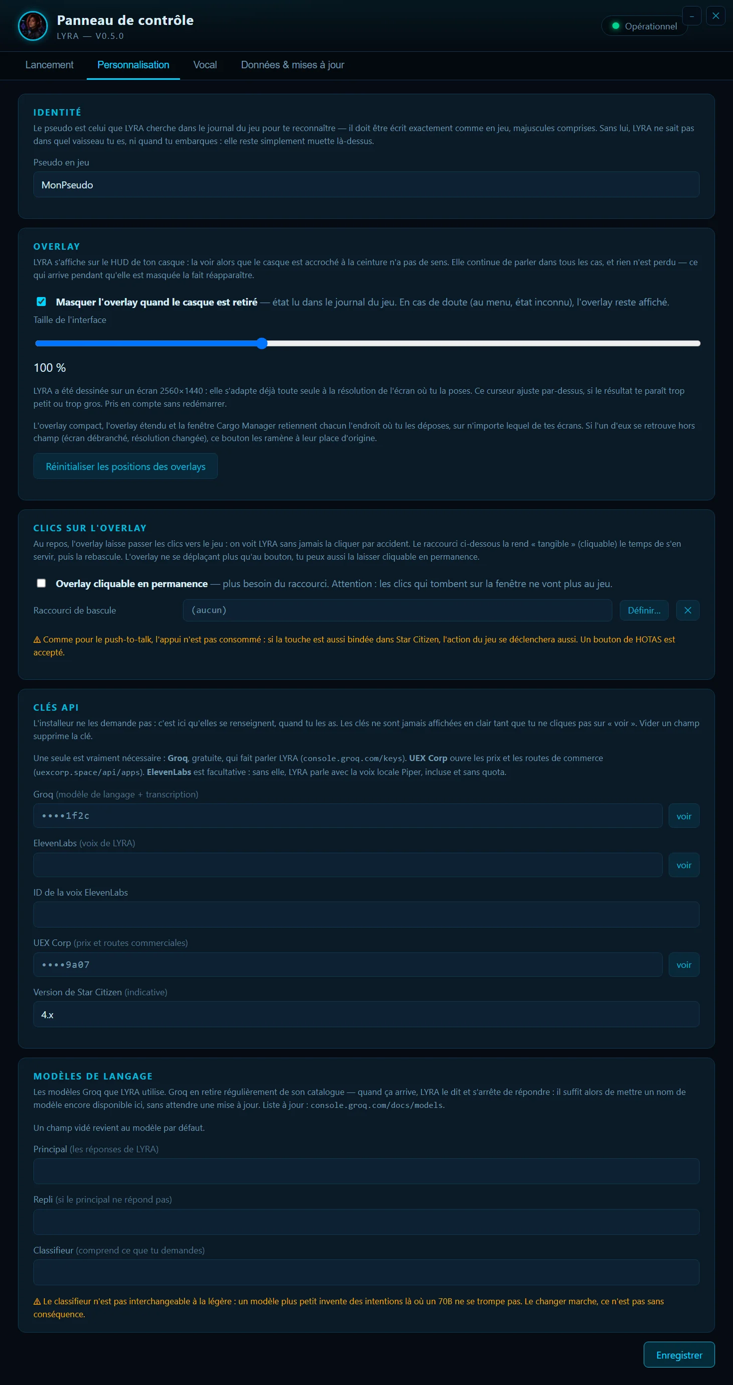 Onglet Personnalisation : identité, overlay, clics sur l'overlay, clés API et modèles de langage